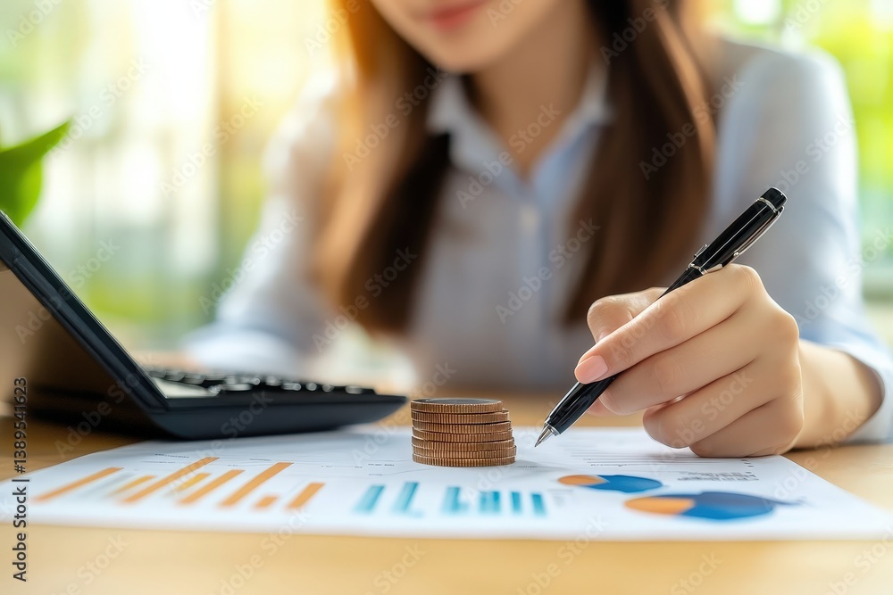 Poster analyzing financial data with coins and calculator in soft light