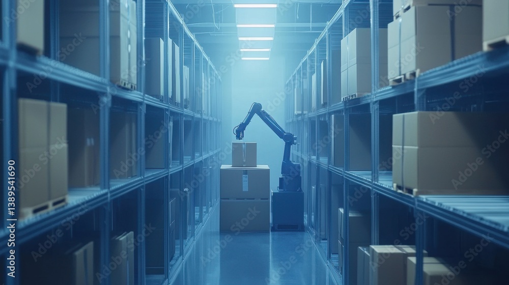 Aufkleber smart warehouse technology featuring ai-powered robotic arms efficiently moving boxes in a high-tech