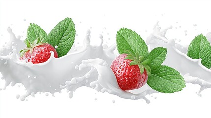 Fresh strawberries and mint leaves splash in creamy milk, creating a vibrant, appetizing visual of flavors blending together.