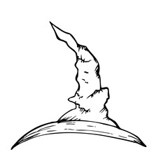 Vector halloween witch hat. Hand painted linear wizard cap illustration. Graphic monochrome sketch isolated on background. For designers, prints, logo, icon, menu, postcards, holiday, covers