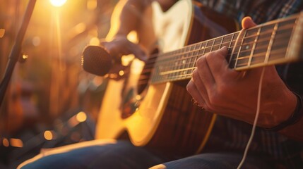 Fototapeta premium Acoustic Serenade: Guitarist performing under the warm glow of sunset light