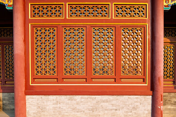 China red palace wood door and Decoration colorful painting beam and wood pole from ancient china...
