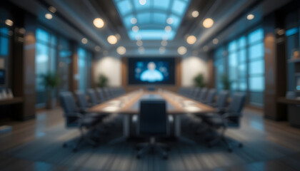 Blurred Modern Conference Room Interior with Long Table and Chai
