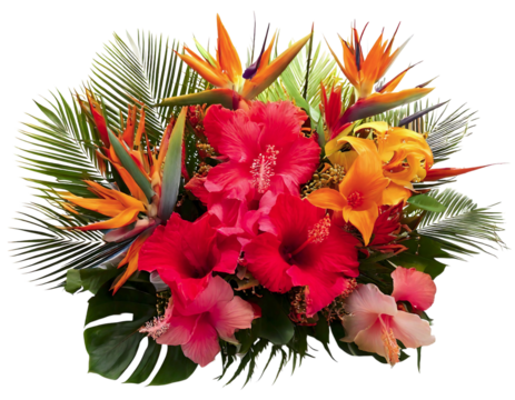Vibrant tropical flower arrangement featuring hibiscus, bird of paradise, and exotic foliage.  A lush, colorful composition perfect for travel, summer, or holiday themes.