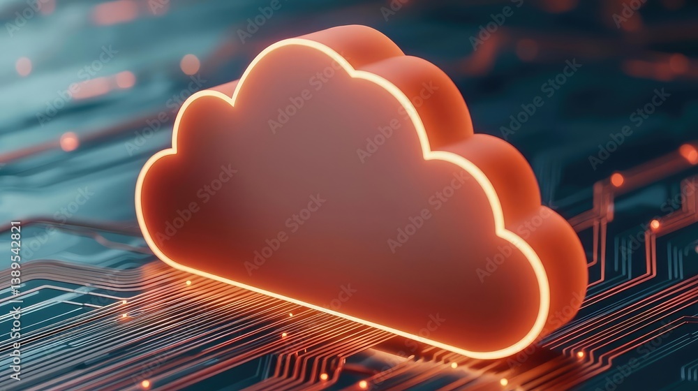 Poster cloud server intelligent system managing globalization concept. stylized cloud icon against a circui