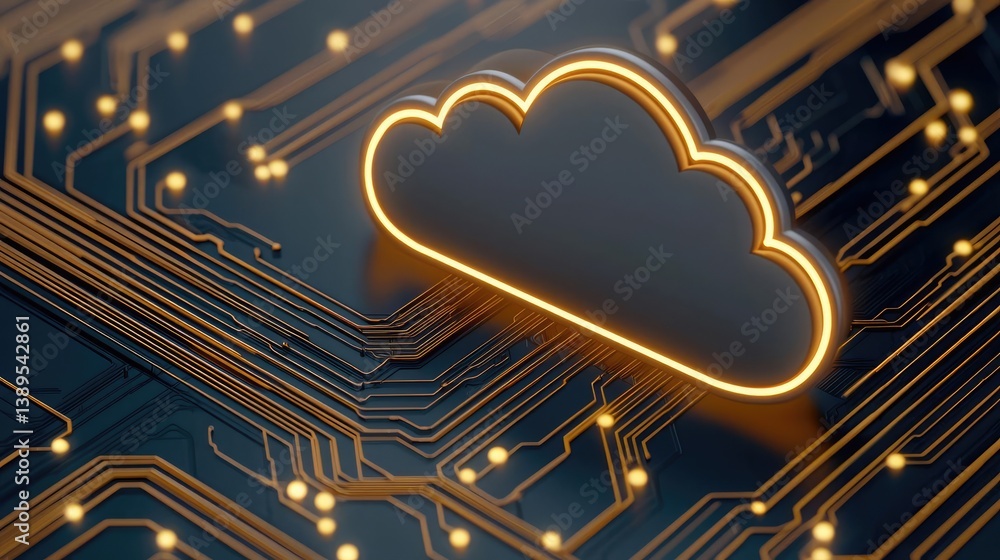 Poster cloud server intelligent system managing globalization concept. abstract cloud symbol on a circuit b