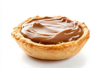 A flaky pastry filled with dulce de leche isolated on a white background