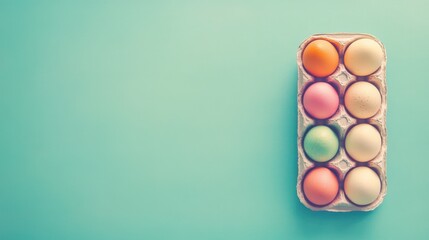 Half dozen eggs in pastel shades resting in a carton over a mint green surface