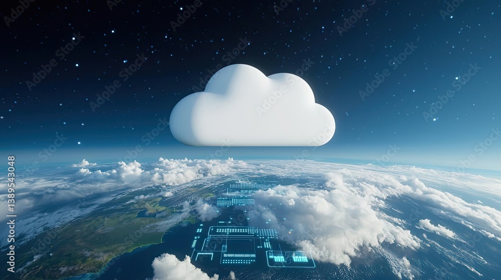 Poster clouds server intelligent systems managing innovation on earth concept. a digital cloud floating abo