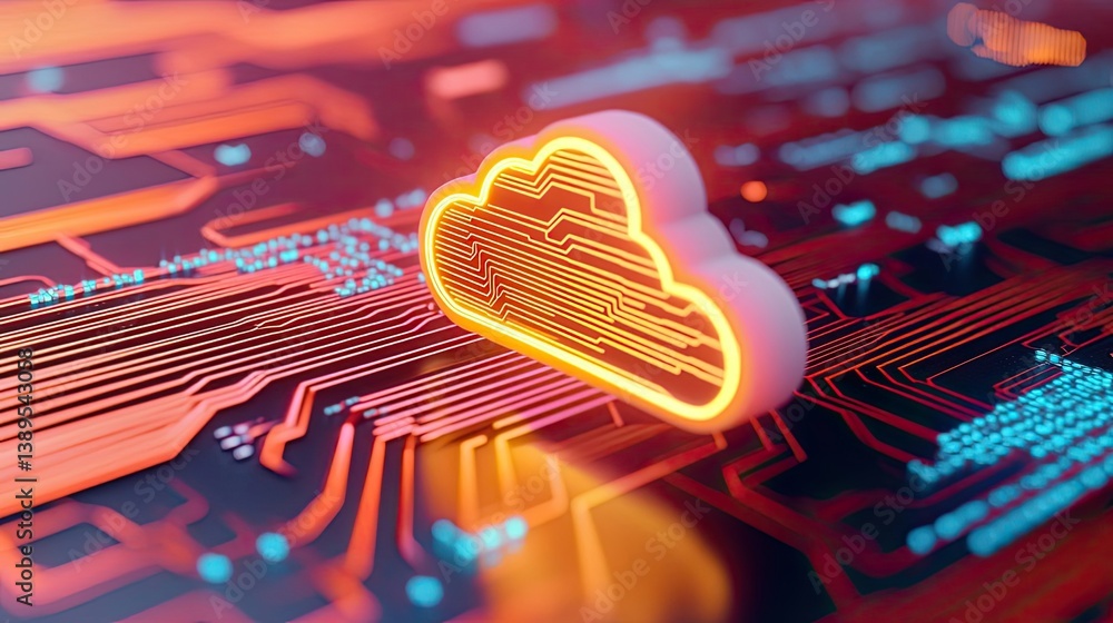Poster cloud server intelligent system managing globalization concept. stylized cloud symbol on a vibrant c