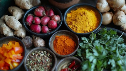 Arrangement of bowls filled with spices herbs and vegetables on a dark surface top view