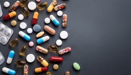 Many various pharmaceutical pills and capsules on dark gray background with copy space . Generated image
