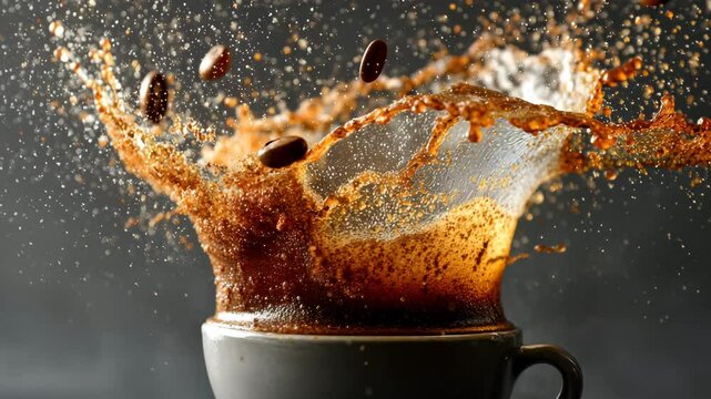 Exploding coffee splash with beans flying from dark ceramic cup, dramatic lighting and freeze motion. 4K video