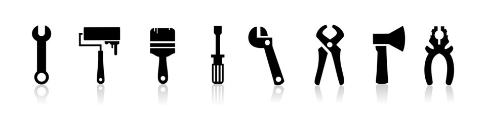 Black Tool Icons with Reflection Vector Set