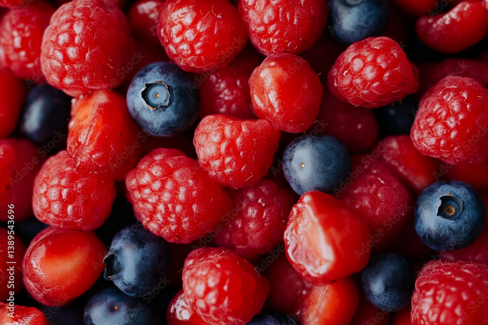 Poster fresh mixed berries create a vibrant display of color and flavor in a chaotic arrangement
