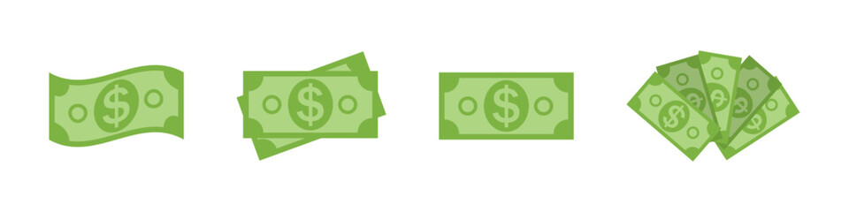 Green dollar bill icons in flat style vector set