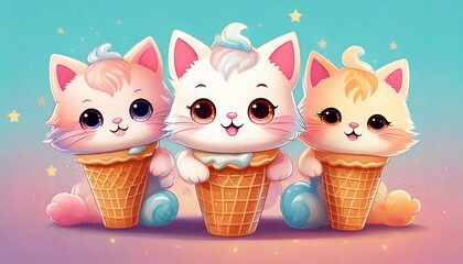 kawaii ice cream cats illustration. ice cream with kittens. Funny illustration for your design.