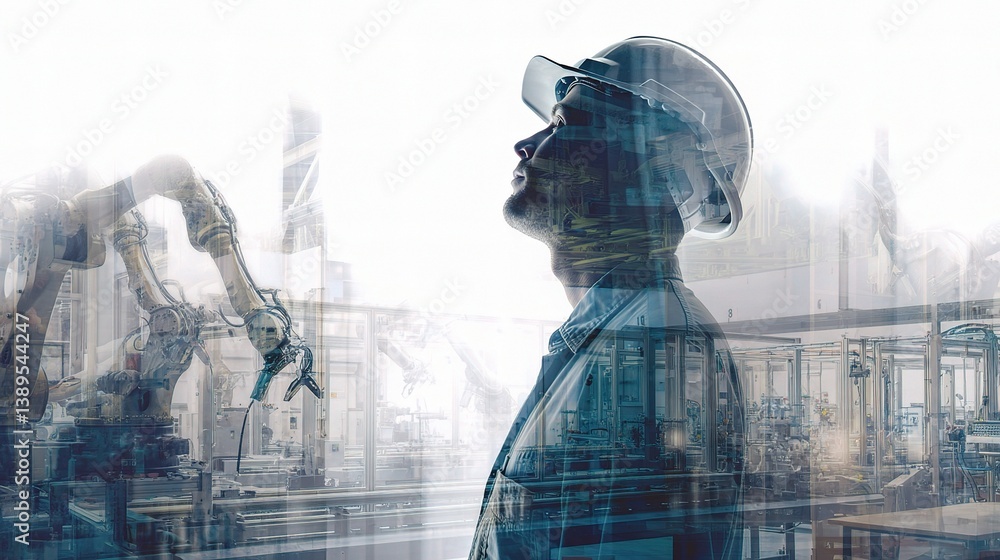 Poster Digital Double Exposure of Worker in Factory Setting with Robotics