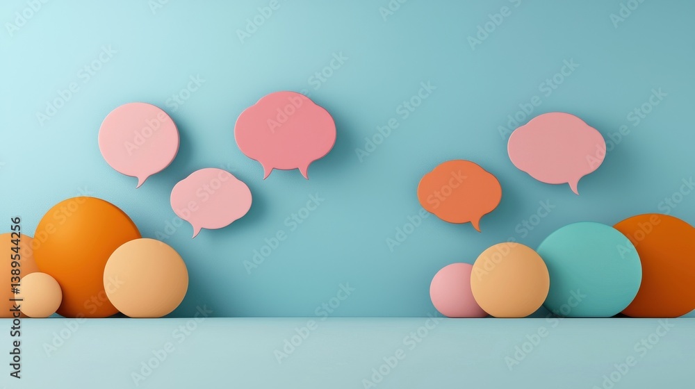 Poster an abstract composition of overlapping pastel colored speech bubbles conveying the concept of dialog
