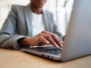 Close up of Businesswoman typing on his laptop in modern workspace.