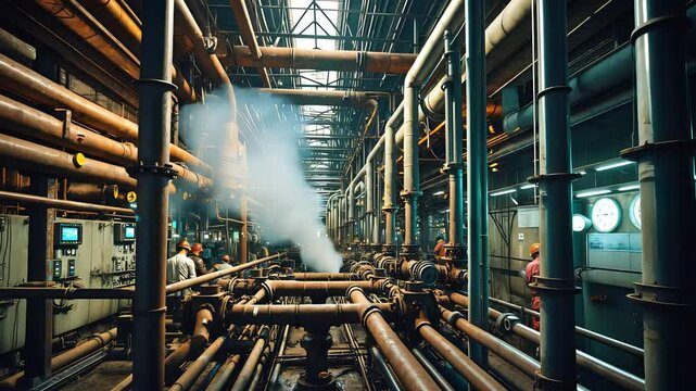 Industrial workers inspecting high-pressure steam pipes in a large factory, with pipes and machinery throughout the production area.

