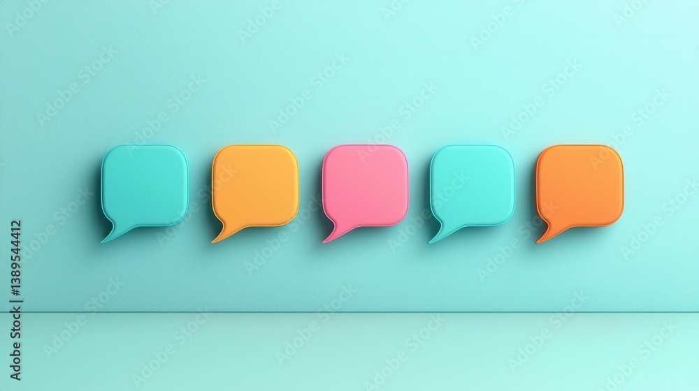 Poster an arrangement of pastel colored speech bubble icons on a solid teal background representing communi