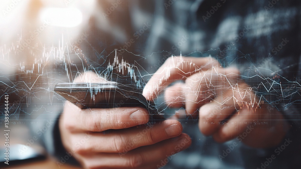 Poster double exposure of hands holding smartphone with data visualization