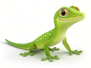 Fototapeta premium Adorable Cartoon Gecko Green Reptile Cute Lizard Happy Animal 3D Render Studio Shot