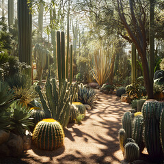 Lush Cactus Garden: A Celebration of Resilient and Vibrant Desert Flora Amid Sunlit Patterns