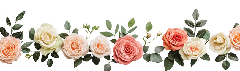 Naklejka premium Elegant floral border with pastel roses and green leaves, perfect for romantic designs