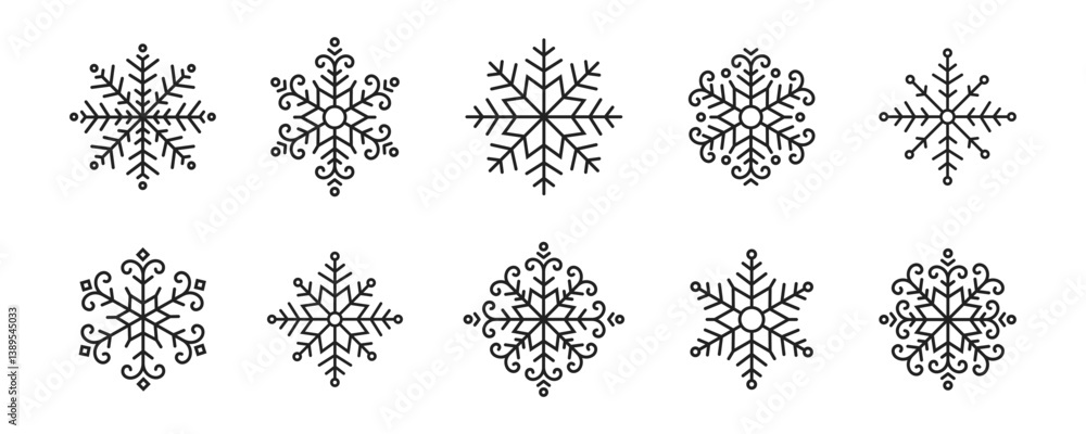 Poster set of ornamental snowflake line vector icons