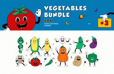 Fototapeta premium Set of retro cartoon stickers with funny comic vegetable characters, gloved hands. Playful, colorful, and hand-drawn comic book characters in contemporary illustration style.