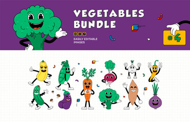 Set of retro cartoon stickers with funny comic vegetable characters, gloved hands. Playful, colorful, and hand-drawn comic book characters in contemporary illustration style.