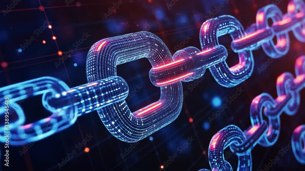Poster digital representation of interconnected chains symbolizing blockchain technology with glowing links