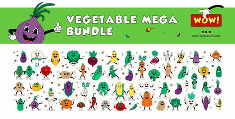 Fototapeta premium Mega set of retro cartoon stickers with funny comic vegetable characters, gloved hands. Playful, colorful, and hand-drawn comic book characters in contemporary illustration style.