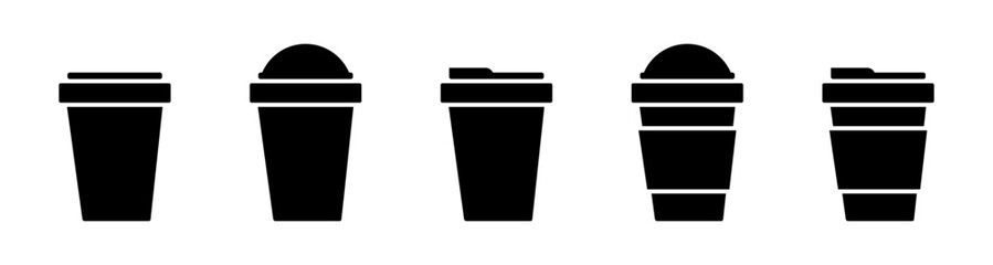 Silhouette Icons of Coffee Cups with Lids Vector Set