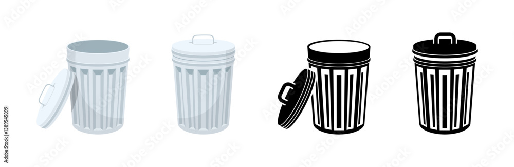 Poster metal trash cans with lids in different styles vector set