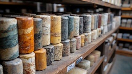 Polished mineral specimens are arranged on wooden shelves in a quarry showroom, showcasing various colors and textures that highlight the beauty of geological formations.