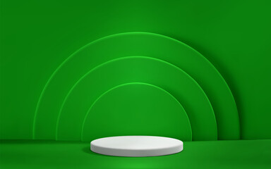3D abstract green scene background with podium and spotlight. Empty realistic room with platform. Product presentation template.