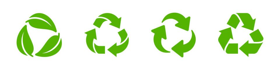 Fototapeta premium Green Recycling Symbols with Arrows and Leaves Vector Set