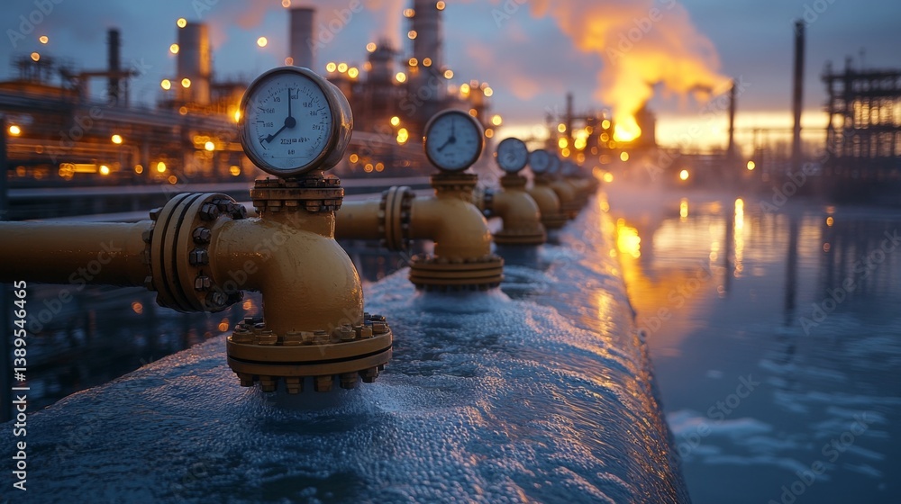Poster powerplant infrastructure features various gauges indicating pressure levels, with steam rising amid