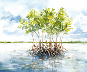 Obraz premium Lush mangrove trees rise from tranquil waters, creating serene and vibrant ecosystem