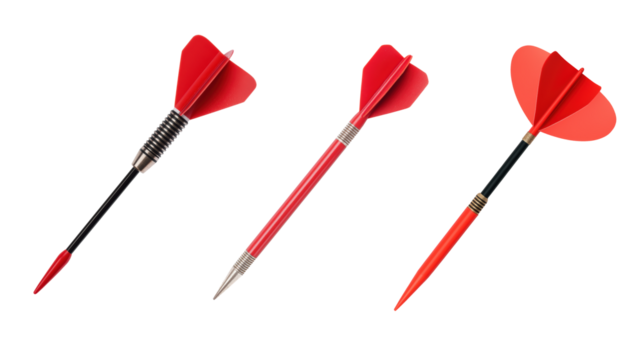 Three red darts with metallic tips and plastic flights, isolated on transparency background