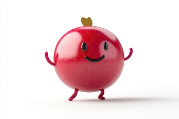 A cheerful, red, round cartoon character with tiny legs and arms, reminiscent of a fruit.
