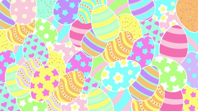Happy Easter Animated Greeting Motion Pattern. Bunny ears, decorated and painted easter eggs. Flat style design in creative pastel colors. Easter banner or border template Isolated on White Background