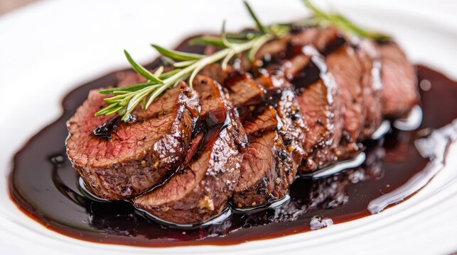 Tenderloin food concept. Sliced beef tenderloin roast served with a rich sauce