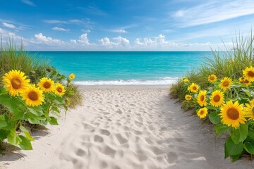 A sandy beach path lined with sunflowers leading to a crystal-clear ocean
