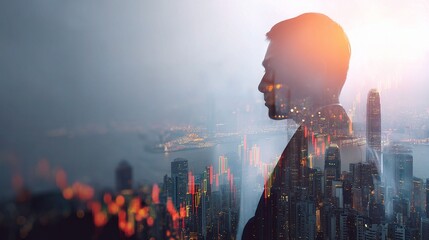 Double Exposure of Businessman Against Hong Kong Cityscape