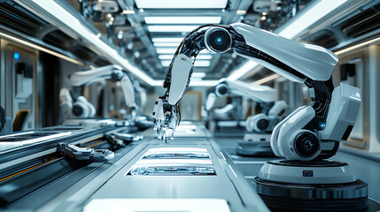 A futuristic space robotics lab where robotic arms are assembling propulsion systems for interplanetary travel, advanced AI-powered systems performing alignment checks, High-tech style