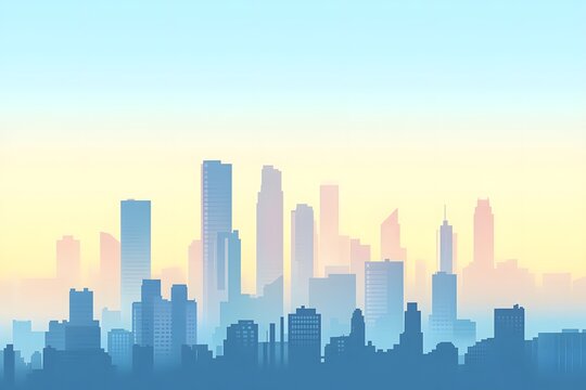 City skyline silhouette with skyscrapers against a gradient blue and yellow sky.
